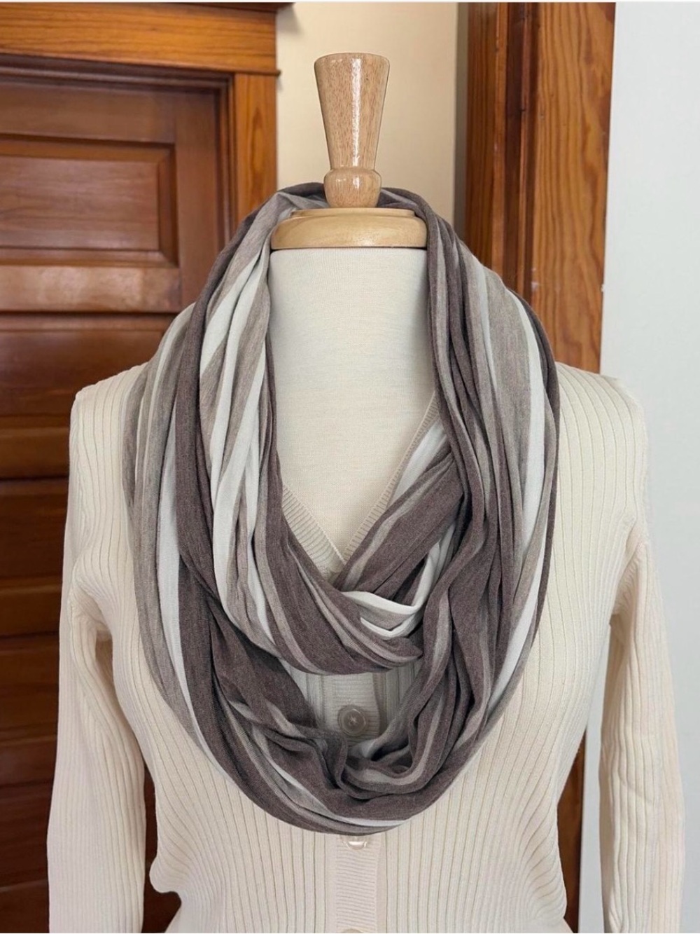 Calvin Klein Taupe and White Striped Infinity Scarf